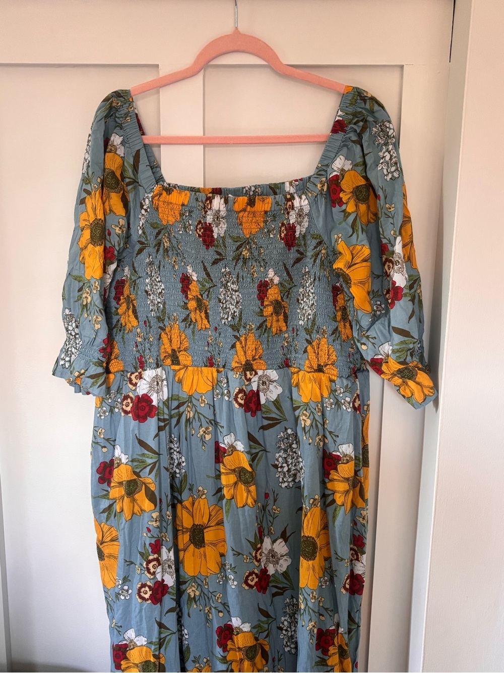 Joanie Clothing Blue Floral Cotton Midi Dress US 18 Puff Sleeve Pockets